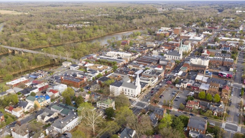 The Rappahannock River flows along next to the historic city of Fredricksburg Virginia